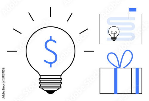 Light bulb with dollar symbol, linechart with flag, and gift box. Ideal for entrepreneurship, marketing, innovation, business strategy, financial planning success reward and startups. Line metaphor