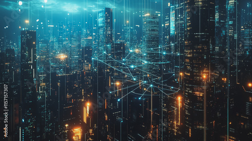 Wallpaper Mural Smart digital Innovation city with connection network reciprocity over the cityscape. of future smart wireless digital city and social media networking systems that connects people with in city Torontodigital.ca