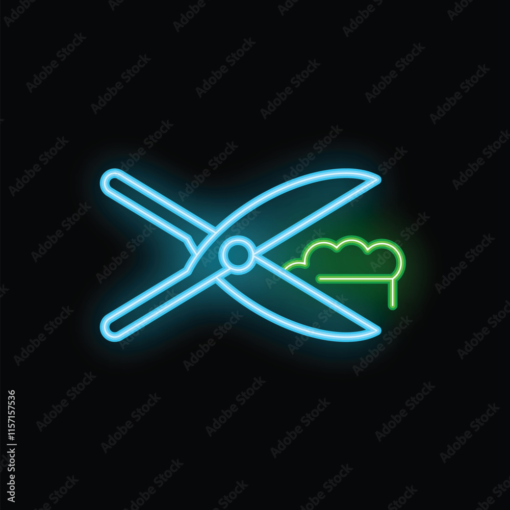 Neon icon of garden scissors cutting a bush glowing on black background Neon icon of garden scissors cutting a bush glowing on black background