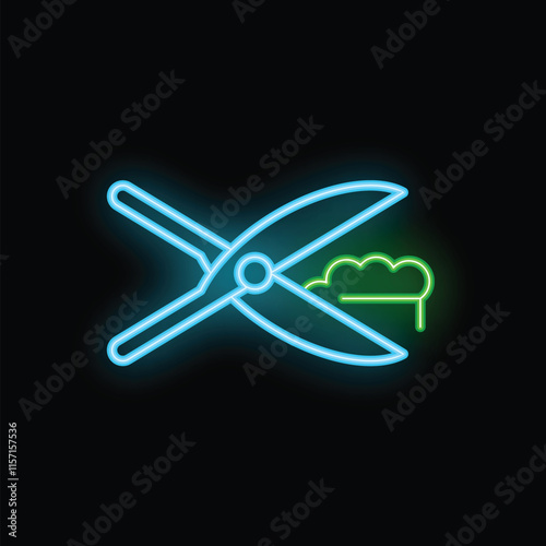 Neon icon of garden scissors cutting a bush glowing on black background