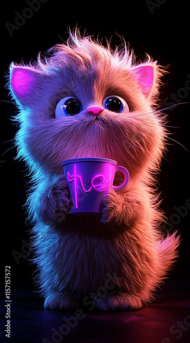 Cat holding coffee, dark background, simple style, colorful cartoon, simple lines, black and purple gradient hair color, fluffy fur texture.