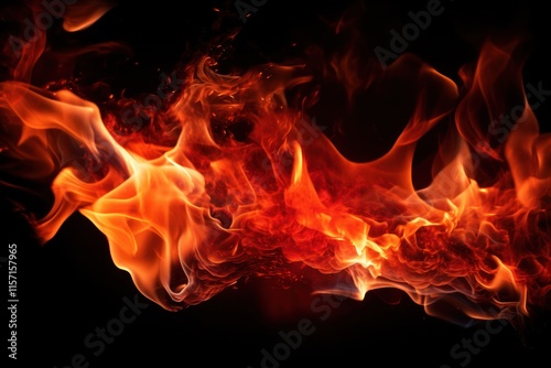 High-contrast image of fiery flames dancing in the dark of night isolated on black background