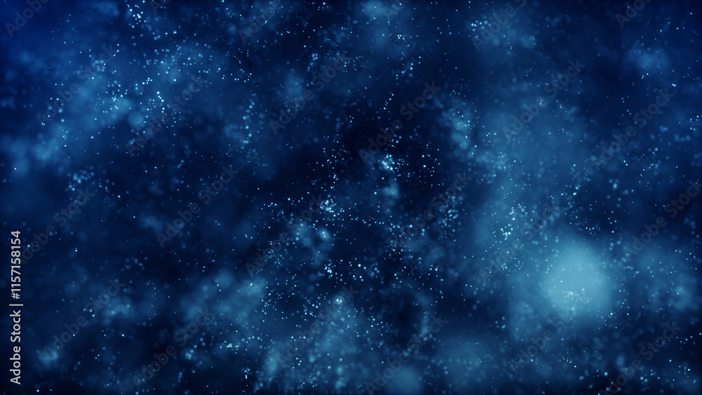 Obraz premium Abstract flow of blue glowing realistic bokeh particles shining like a blue sea. Molecules on surface. Air bubbles in the water depths. Futuristic glitter in space on dark background.
