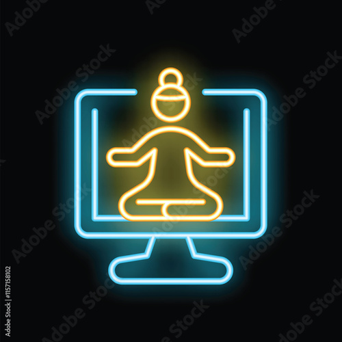 Neon glowing icon of a woman meditating in lotus position on a computer screen, representing online yoga or meditation classes