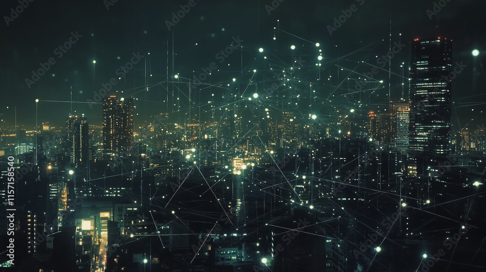 Fototapeta premium Smart digital Innovation city with connection network reciprocity over the cityscape. of future smart wireless digital city and social media networking systems that connects people with in city