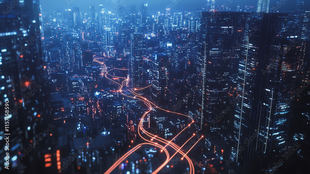 Fototapeta premium Smart digital Innovation city with connection network reciprocity over the cityscape. of future smart wireless digital city and social media networking systems that connects people with in city