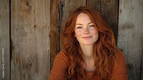 Beautiful woman with red hair smiling against a wooden background, showcasing warmth and charm in a natural setting.