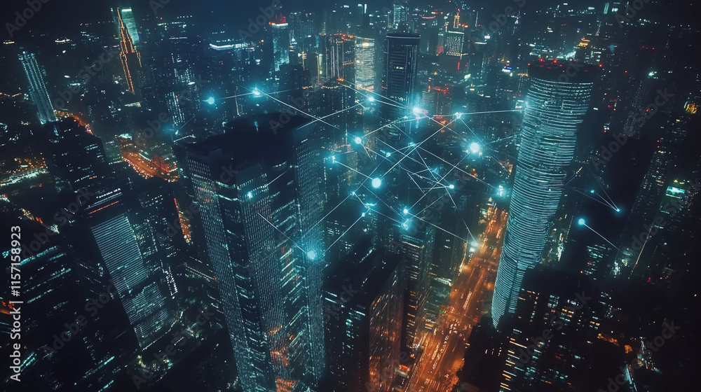 Smart digital Innovation city with connection network reciprocity over the cityscape. of future smart wireless digital city and social media networking systems that connects people with in city