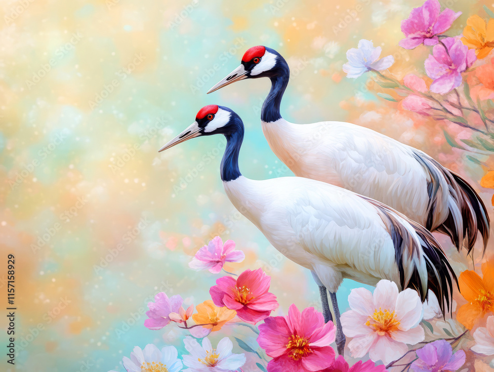 Fototapeta premium Elegant Cranes Standing Amidst Vibrant Flowers in a Serene Dreamy Landscape
