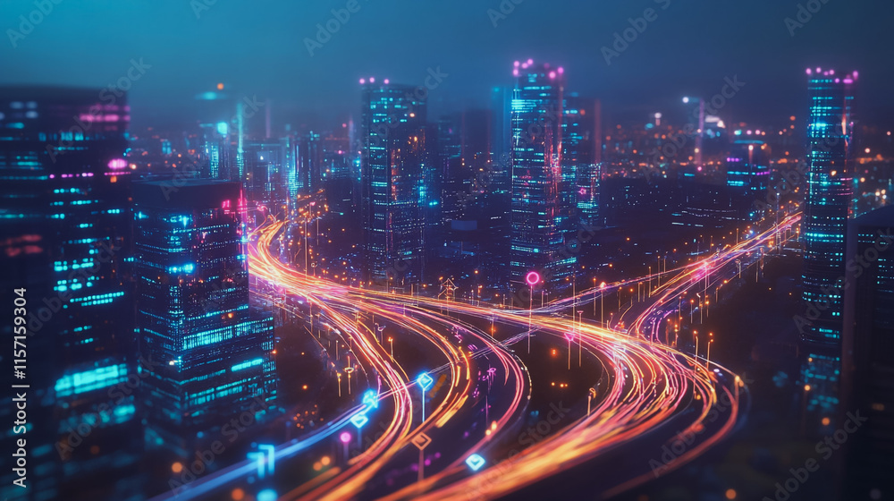 Smart digital Innovation city with connection network reciprocity over the cityscape. of future smart wireless digital city and social media networking systems that connects people with in city