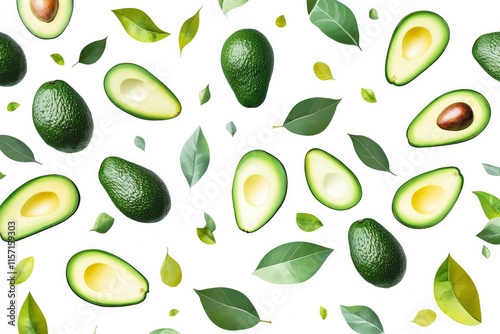 Vibrantly displayed avocados and assorted leaves create a dynamic and fresh pattern over a white backdrop, emphasizing health and culinary perfection. photo