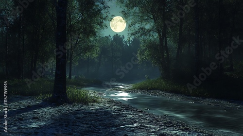 A peaceful night scene with the soft light of the moon illuminating a quiet forest, casting long shadows across the ground photo