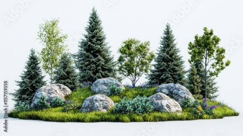 Lush green hill with fir trees, rocks, and wildflowers, isolated on white.