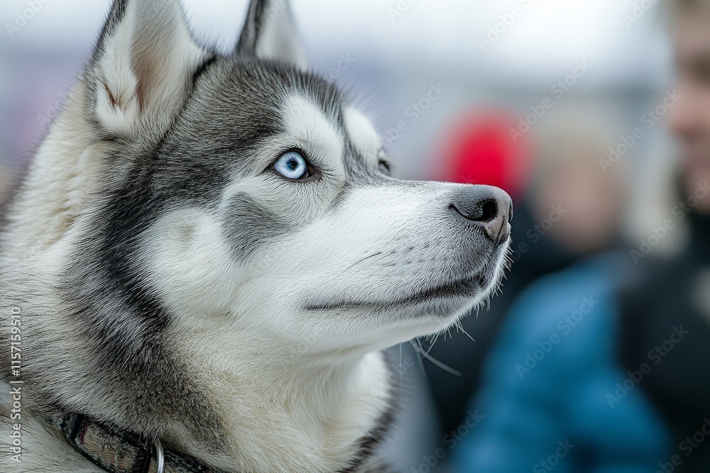 A detailed profile of a Siberian Husky with striking blue eyes, set against a blurred, crowded outdoor backdrop, showcasing the dog's attentiveness and beauty. A detailed profile of a Siberian Husky with striking blue eyes, set against a blurred, crowded outdoor backdrop, showcasing the dog's attentiveness and beauty.