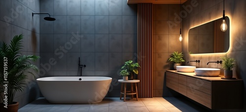 Modern bathroom interior nighttime scene. Shower bathtub, washstand features. Grey tile walls, wood accents. Stylish lighting, plants create calm ambiance. Great for contemporary home design.
