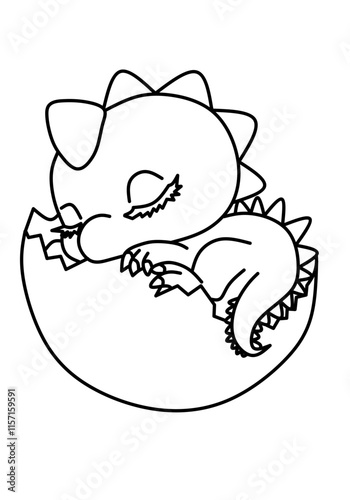 Illustration of a cute baby dinosaur sleeping in an egg shell, a sketch for children to learn to color