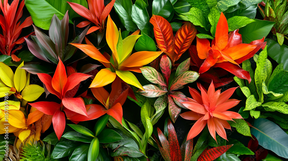 Vibrant Tropical Foliage, A Colorful Display of Lush, Exotic Plants with Rich Hues and Intricate Details. Vibrant Tropical Foliage, A Colorful Display of Lush, Exotic Plants with Rich Hues and Intricate Details.