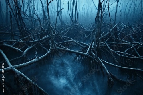A mesmerizing composition of twisted tree roots in a foggy forest, invoking a mysterious and eerie atmosphere, symbolizing complexity and the entanglement of nature.