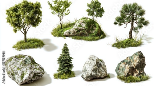 Collection of miniature trees and rocks isolated on white.