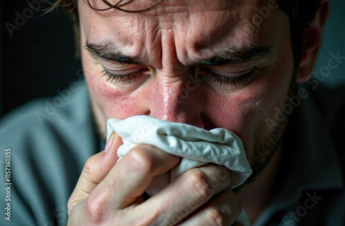 man get a cold and sneeze with tissue paper at home