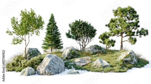 Isolated 3D render of various trees and rocks on a grassy hill.