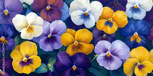 Vibrant multicolor pansy flowers create a stunning background or card. This field of colorful pansies showcases white, yellow, and violet pansies in a beautiful arrangement. Enjoy the detailed