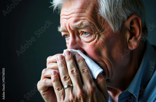 old man get a cold and sneeze with tissue paper at home