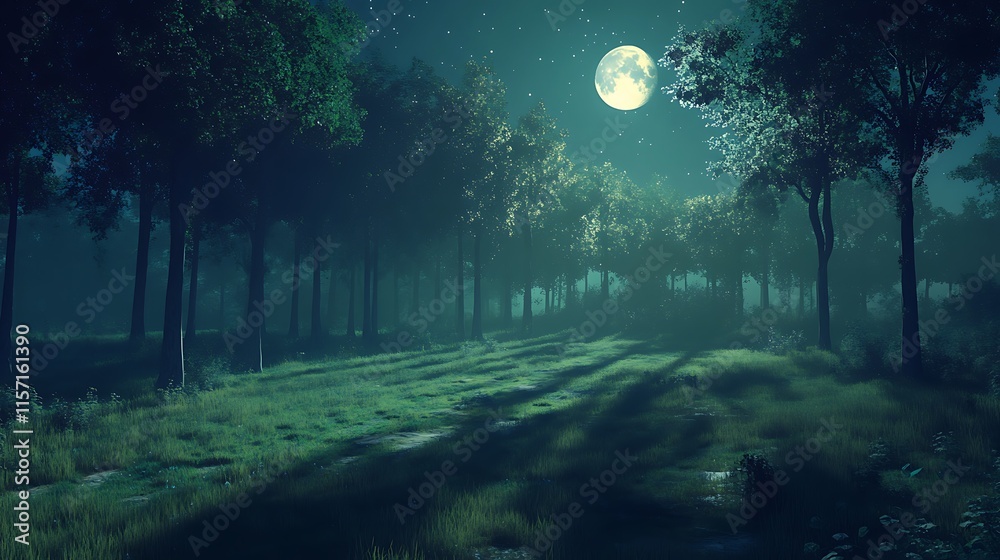 A peaceful night scene with the soft light of the moon illuminating a quiet forest, casting long shadows across the ground A peaceful night scene with the soft light of the moon illuminating a quiet forest, casting long shadows across the ground