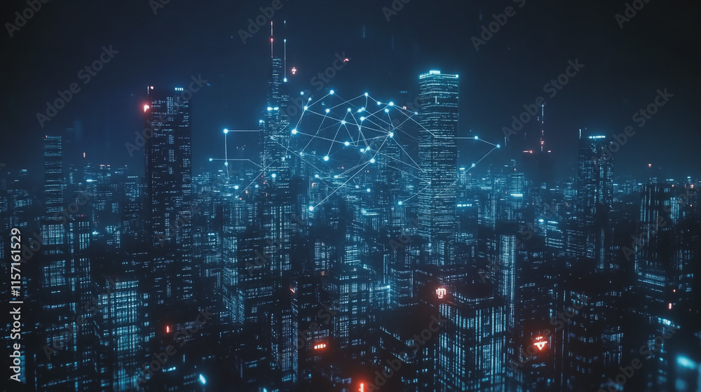 Smart digital Innovation city with connection network reciprocity over the cityscape. of future smart wireless digital city and social media networking systems that connects people with in city Smart digital Innovation city with connection network reciprocity over the cityscape. of future smart wireless digital city and social media networking systems that connects people with in city