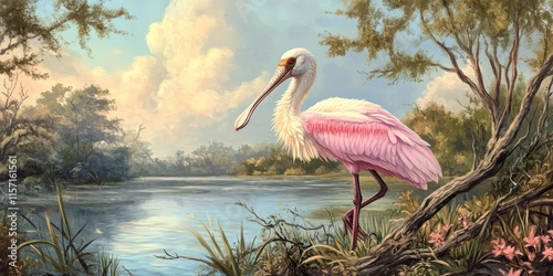 Spoonbill bird nesting near a serene lake highlights the natural habitat of the spoonbill bird. This beautiful scene is ideal for wall art, posters, and seasonal greeting cards, promoting nature