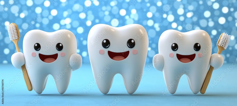 Obraz premium Smiling Healthy Teeth With Thumbs Up and Toothbrushes, 3D Render, Dental Care Concept