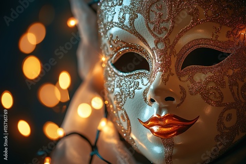 Intricate mask illuminated by soft lights, creating an enchantin photo