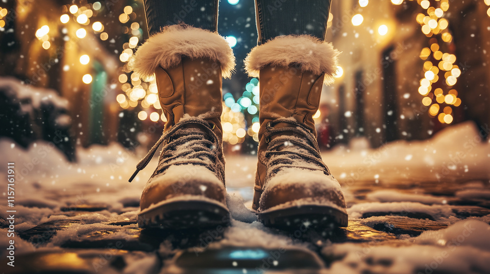 Cozy fur lined winter boots on a snowy cobblestone street with glowing festive lights Cozy fur lined winter boots on a snowy cobblestone street with glowing festive lights