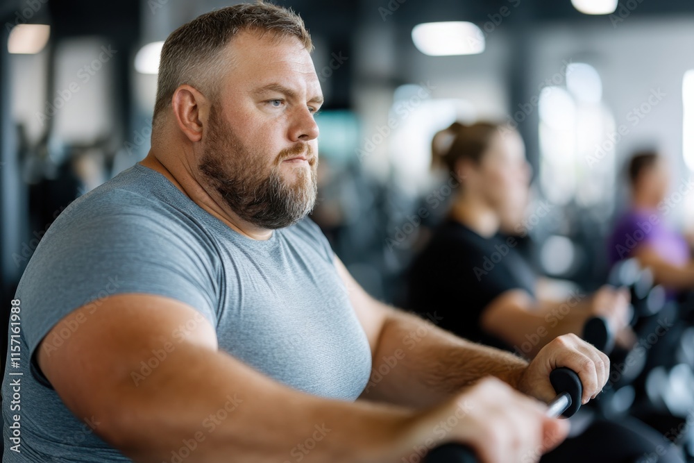 Obraz premium A dedicated man focuses on his workout routine in a well-equipped gym. The setting exhibits a blend of determination, fitness, and a supportive atmosphere for personal growth.