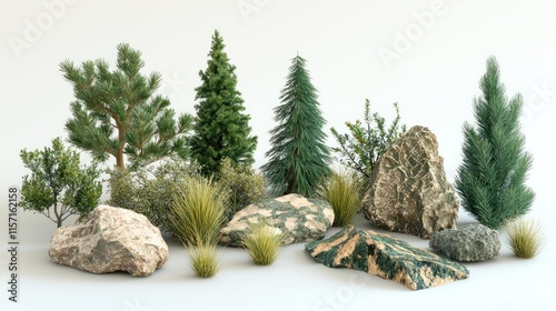 Collection of rocks and evergreen trees on white background.