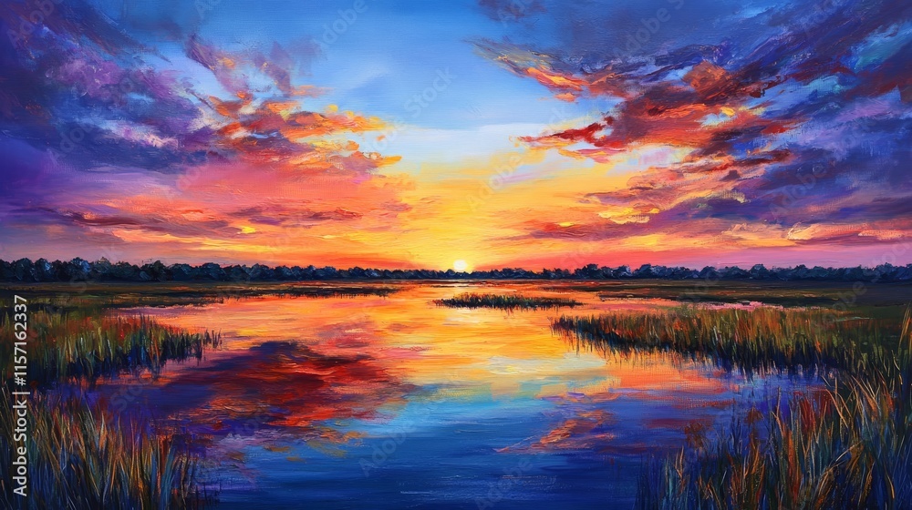 Obraz premium Stunning sunset in a vast savannah landscape, showcasing vibrant colors reflected in tranquil water. This captivating sunset highlights the beauty of nature in the savannah.