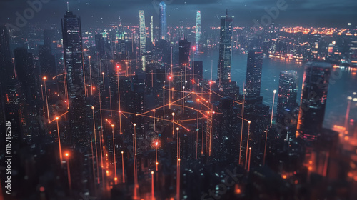 Wallpaper Mural Smart digital Innovation city with connection network reciprocity over the cityscape. of future smart wireless digital city and social media networking systems that connects people with in city Torontodigital.ca