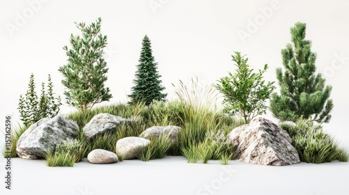 Evergreen trees, rocks, and grasses on white background.