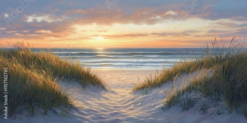 Pathway leading through dunes to the beach, illuminated by warm evening light, showcasing the beauty of a tranquil beach scene with soft sand and gentle waves at sunset.