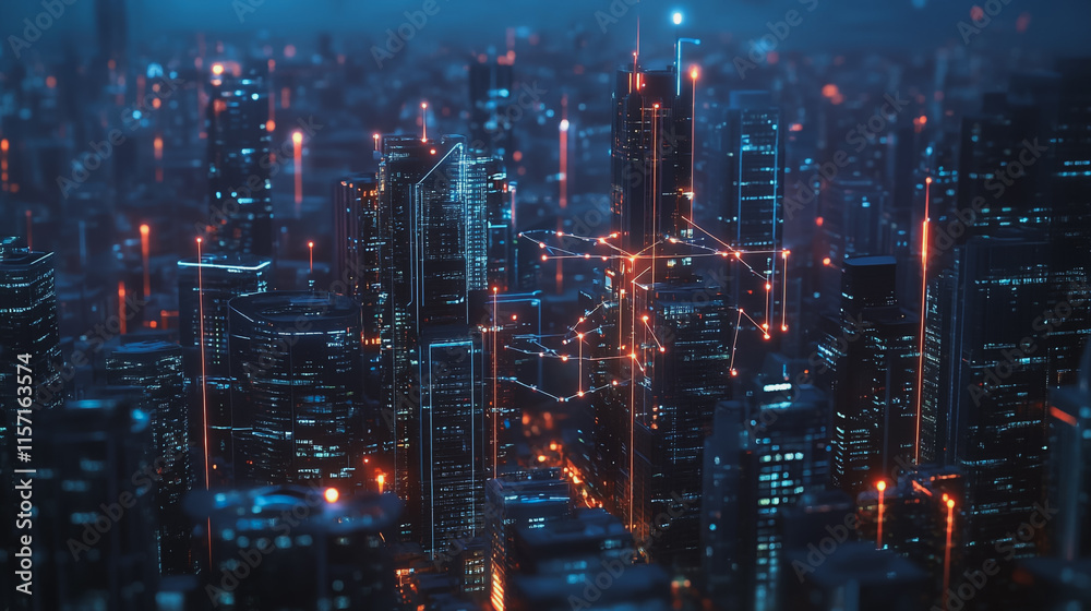 Fototapeta premium Smart digital Innovation city with connection network reciprocity over the cityscape. of future smart wireless digital city and social media networking systems that connects people with in city