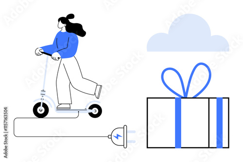 Woman riding an electric scooter, trailing a plugged-in power cord, gift box with ribbon, cloud in the background. Ideal for eco-friendly transport, gift ideas, sustainability, technology, lifestyle photo