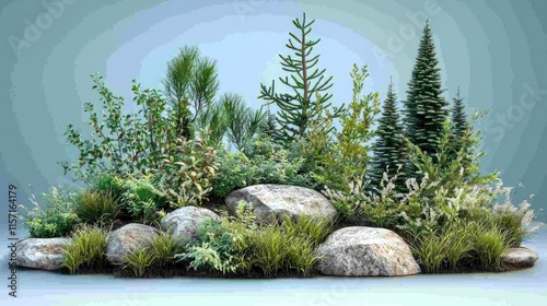 Diverse evergreen and deciduous plants thriving amidst rocks.