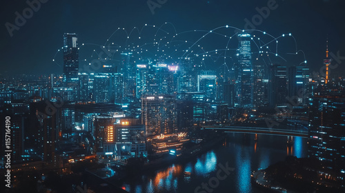 Wallpaper Mural Smart digital Innovation city with connection network reciprocity over the cityscape. of future smart wireless digital city and social media networking systems that connects people with in city Torontodigital.ca