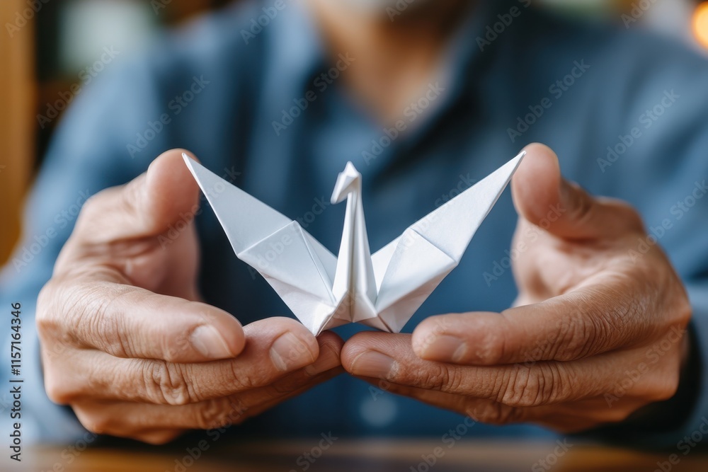 Obraz premium An intricately folded paper swan is showcased in a person's hands, emphasizing the delicate beauty of origami and the fine art of handmade creations in a serene environment.
