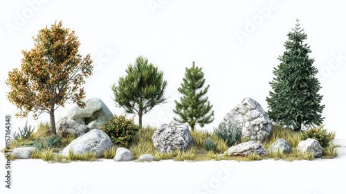 Autumnal trees, rocks, and shrubs isolated on white.