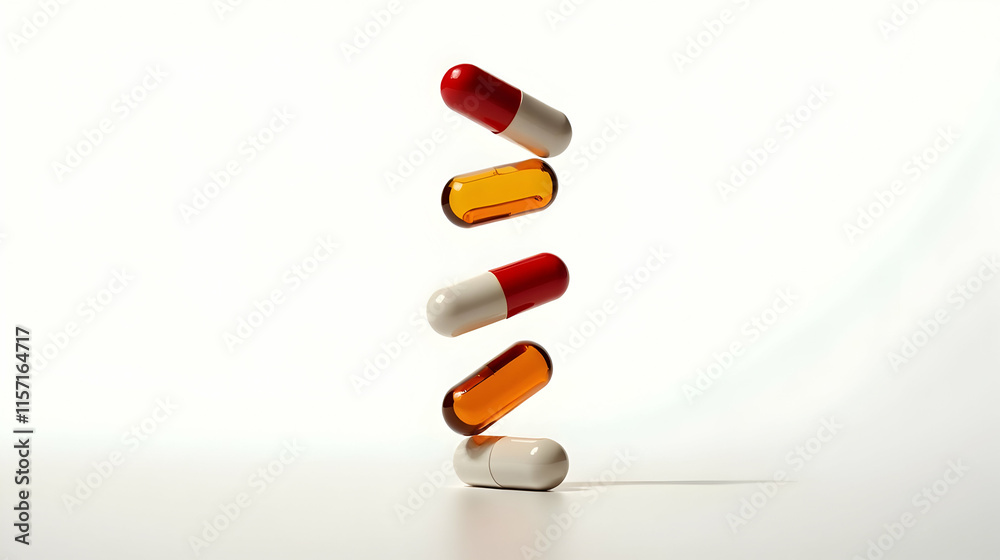 A vertical stack of colorful capsules against a stark white backdrop. A captivating image of medicine and health. A vertical stack of colorful capsules against a stark white backdrop. A captivating image of medicine and health.