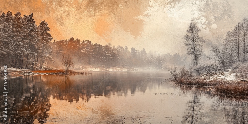 Obraz premium Winter scene at a serene lake under a cloudy sky, showcasing the tranquil beauty of the water and nature as the orange hues reflect in the winter landscape surrounding the lake.