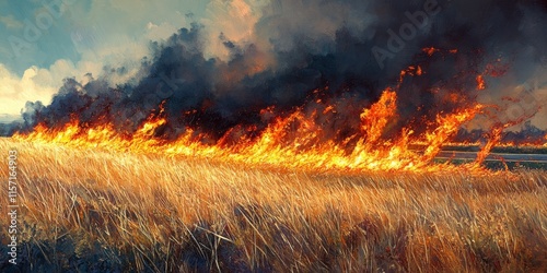 Fire ignites in a grassy field adjacent to a highway, showcasing the unpredictability of fire in natural landscapes, with flames spreading across the field in a dramatic display of nature s power.