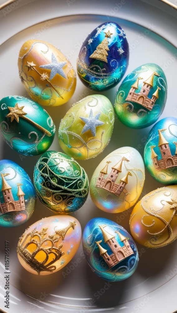 Fairy tale fantasy Easter eggs painted with castles, stars, and magical wands. Perfect for storytelling, holidays, or decorative themes Fairy tale fantasy Easter eggs painted with castles, stars, and magical wands. Perfect for storytelling, holidays, or decorative themes