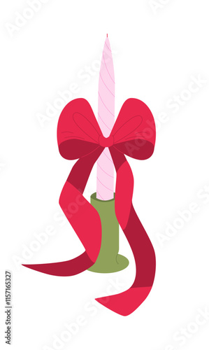 Pink twisted taper candle with big red bows. Cute and romantic isolated element for Valentine's day, holiday. Vector illustration in a flat style